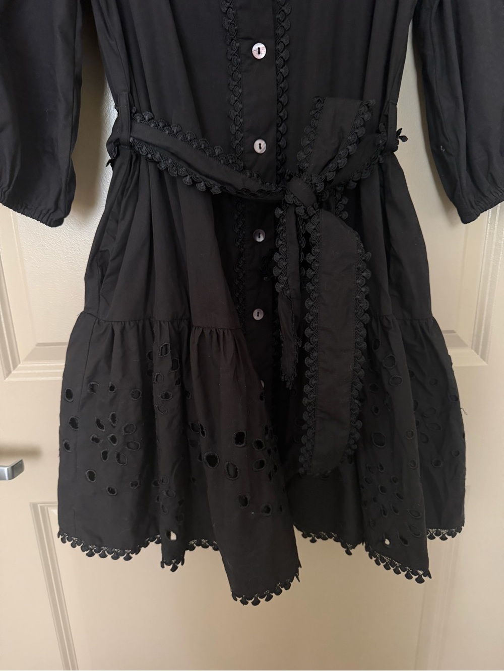 Avec Les Filles Black Eyelet Mini Dress with Belt - Picture 3 of 6